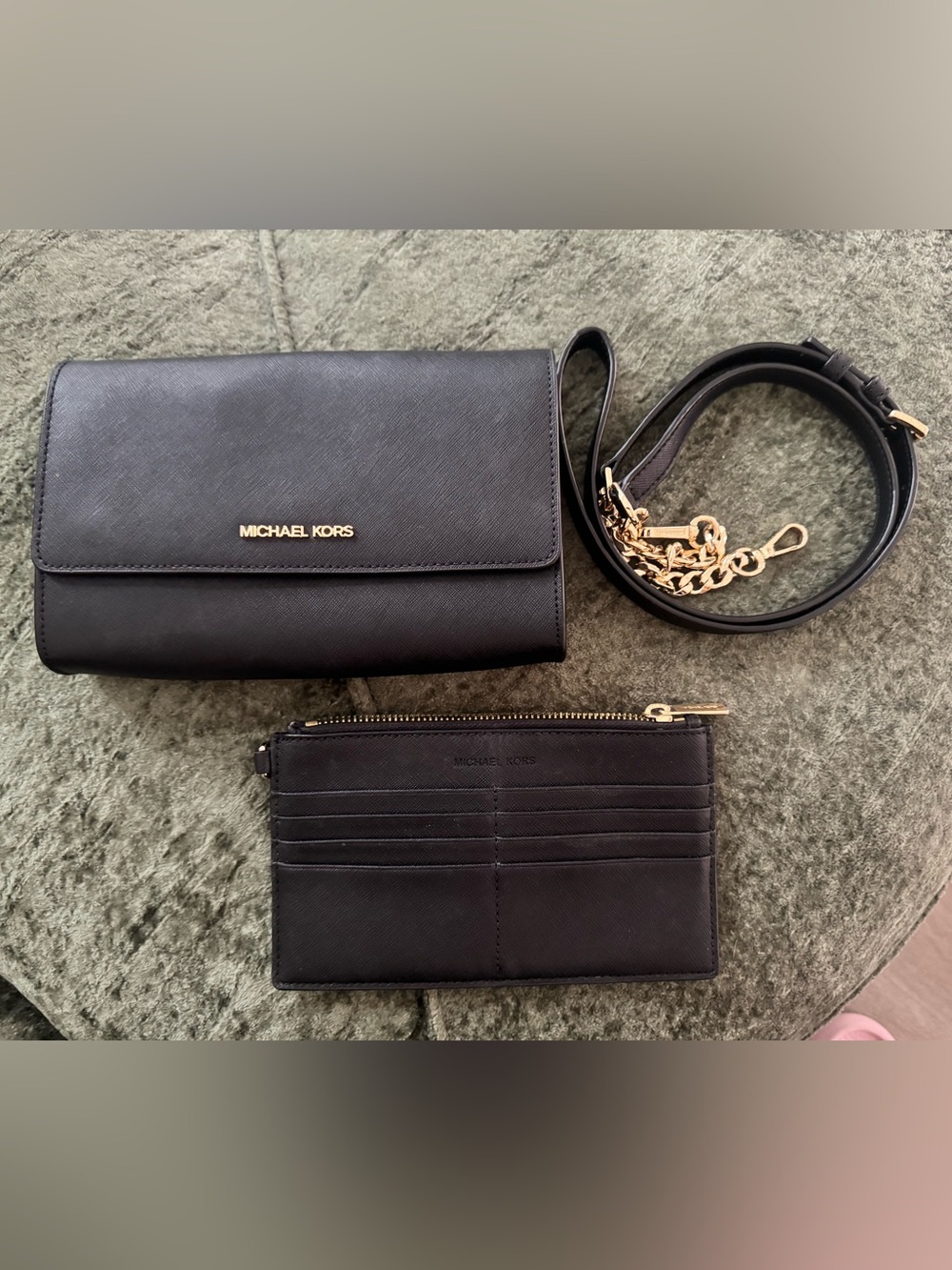 Michael Kors Black Saffiano Leather Crossbody Bag with Wallet and Gold Logo